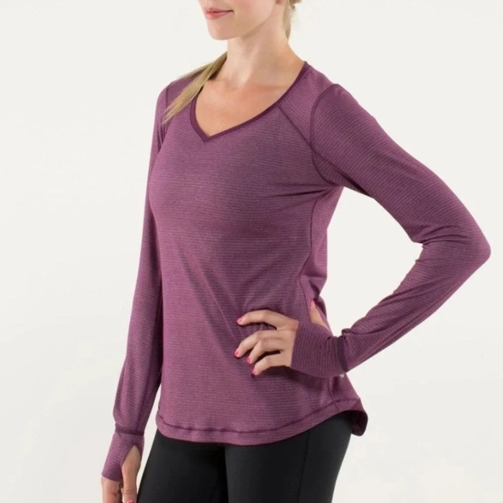 Lululemon Womens L Race Me Long Sleeve Top Heathered Plum V-Neck Athletic Yoga